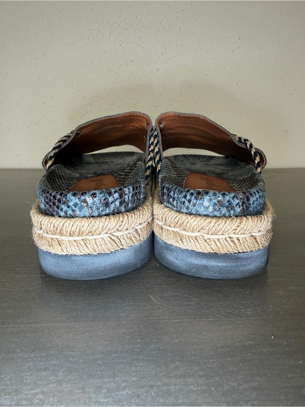 Free People Blue Leather Snakeskin Espadrille Platform Sandals Size 9 Spain - Picture 9 of 11